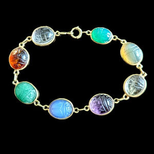 Vintage Gemstone Scarab Bracelet 14k Yellow Gold Bracelet Talisman Estate Carved